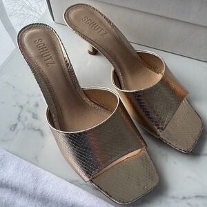 NIB Schutz Dethalia Metallic Platina Snake Leather Sandal (Box + Dust Bag) 8B